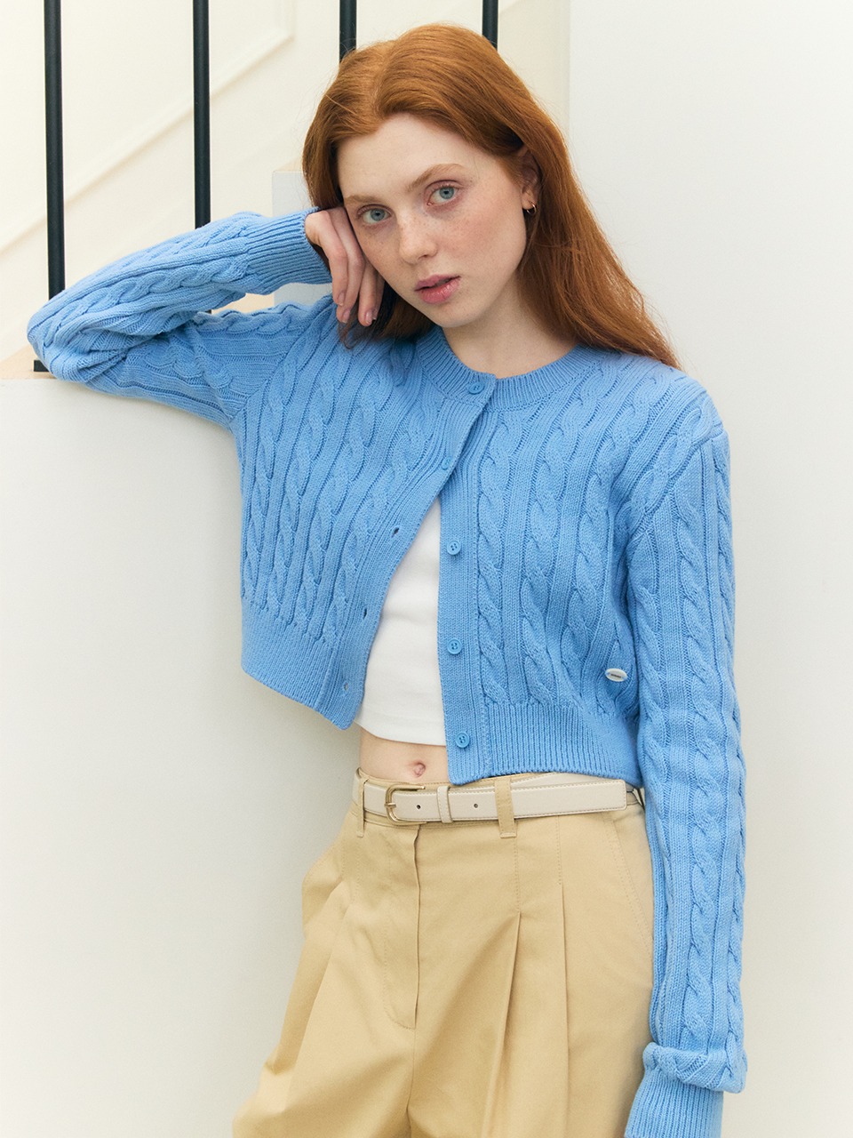 Soft Cable Crop Cardigan Blue